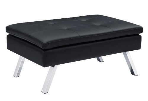 DHP Chelsea Upholstered Ottoman with Chrome Legs and Plus Pillow-Top Seating, Black Faux Leather