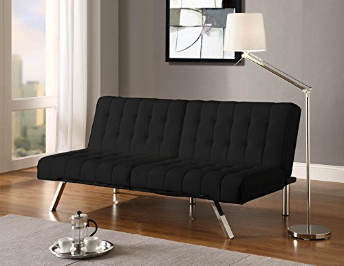 DHP Emily Futon Sofa Bed, Modern Convertible Couch With Chrome Legs Quickly Converts into a Bed, Black Faux Leather